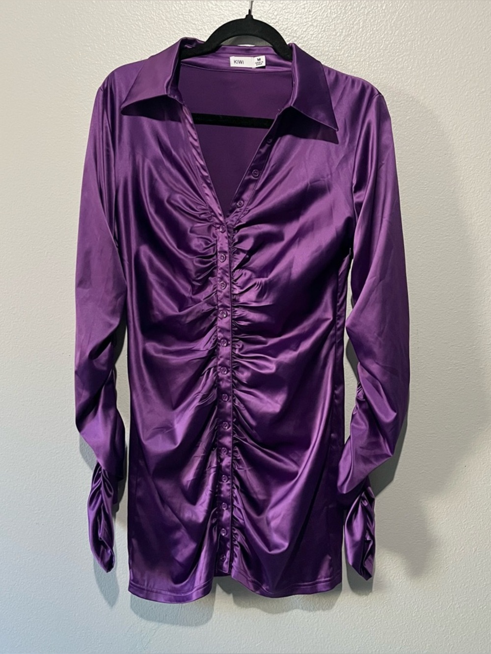 KIWI Dark Purple Long Sleeve Mini Satin Dress with Ruched sleeves Size M